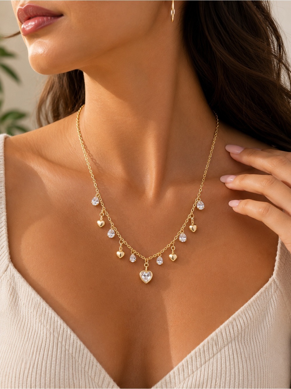 Gold Heart Charm & Crystal Drop Necklace